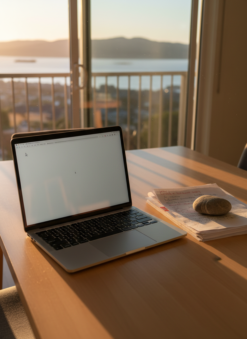 A slim silver laptop sits open on a clean, light-wood dining table in a cozy Bay Area apartment, the screen displaying a blank document and a blinking cursor on an empty page. Beside it, a stack of printed pages with handwritten editing marks curls slightly at the corners, anchored by a small, smooth river stone from a local hike. Golden hour sunlight pours in from a nearby balcony door, casting warm, elongated shadows across the keyboard and highlighting tiny dust motes in the air. Through the glass, a partial view of the Bay and distant rolling hills is softly blurred. Photographic realism, captured from a three-quarter overhead angle, with a calm, hopeful atmosphere that suggests a writer pausing before shaping a new personal story.