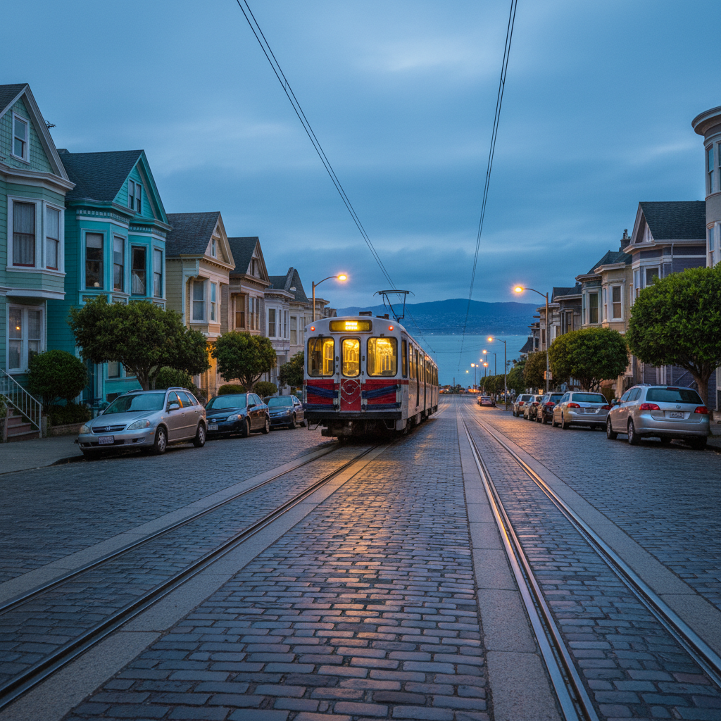 A single MUNI light-rail train glides along tracks on a quiet San Francisco street at dusk, its windows glowing warmly against the cool blue of the evening. In the foreground, a narrow, slightly cracked sidewalk leads toward the train, lined with parked cars and a row of colorful, slightly weathered houses. Streetlights flicker on, casting pools of soft amber light and long, reflective streaks on the damp pavement, hinting at a recent drizzle. The Bay and faint silhouettes of the East Bay hills sit low in the distance beneath layered clouds. Photographic realism, shot from a low, slightly off-center angle with moderate depth of field, creates a contemplative, in-between-moments feeling—like the quiet transition between life chapters that inspires personal reflection.